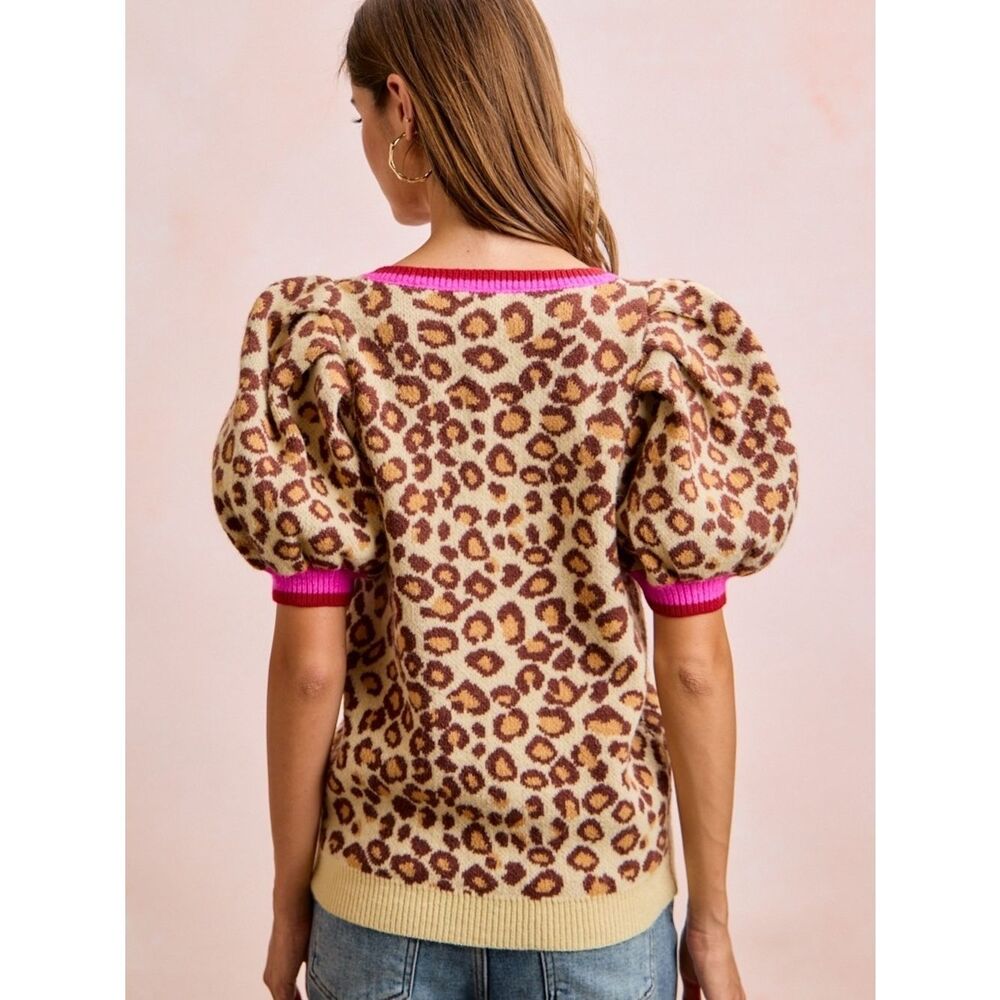 BiBi Leopard Pattern Puff Sleeve V-neck Sweater Top sz XL - Picture 3 of 7